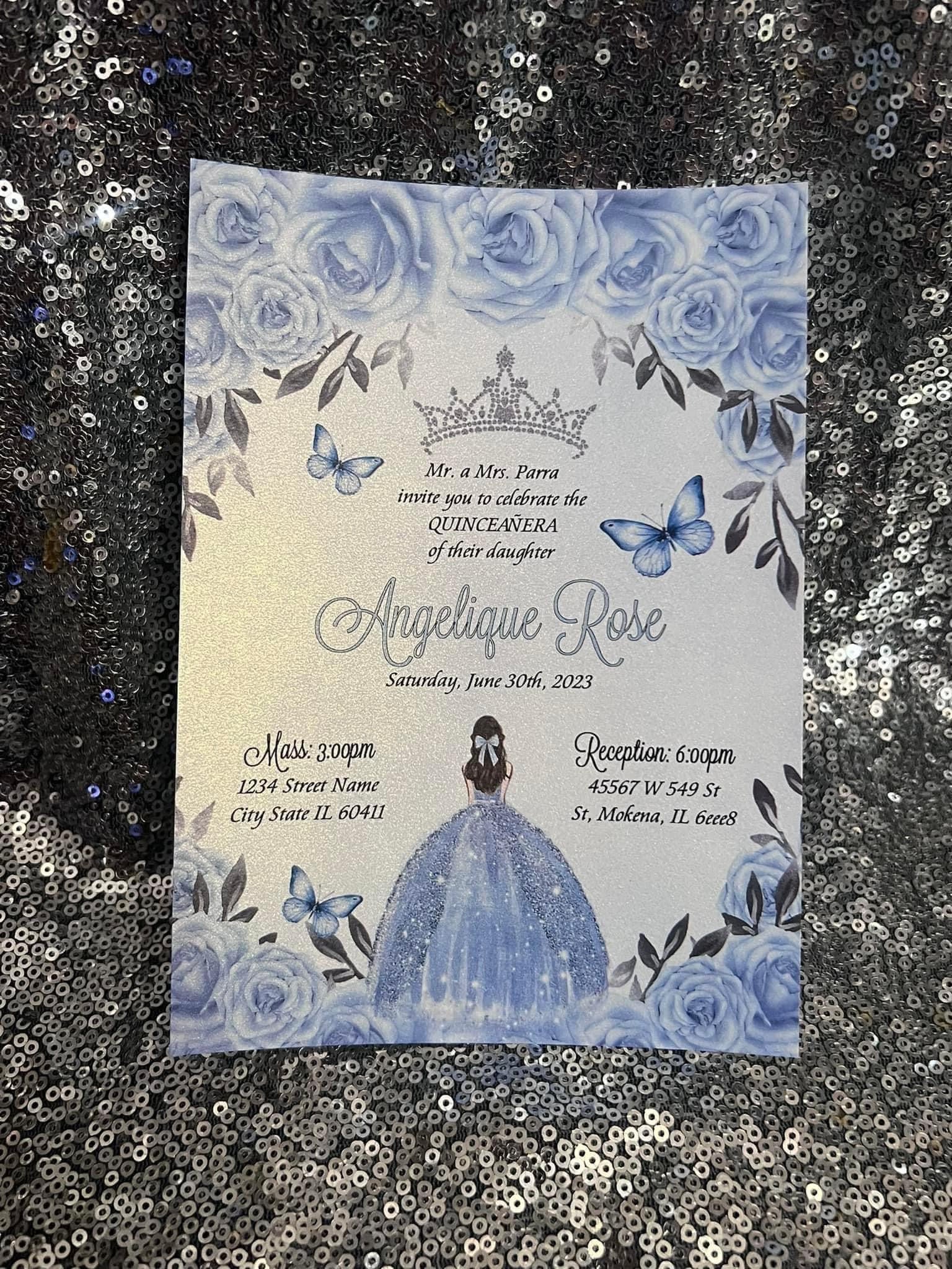 Light blue quinceañera invitations